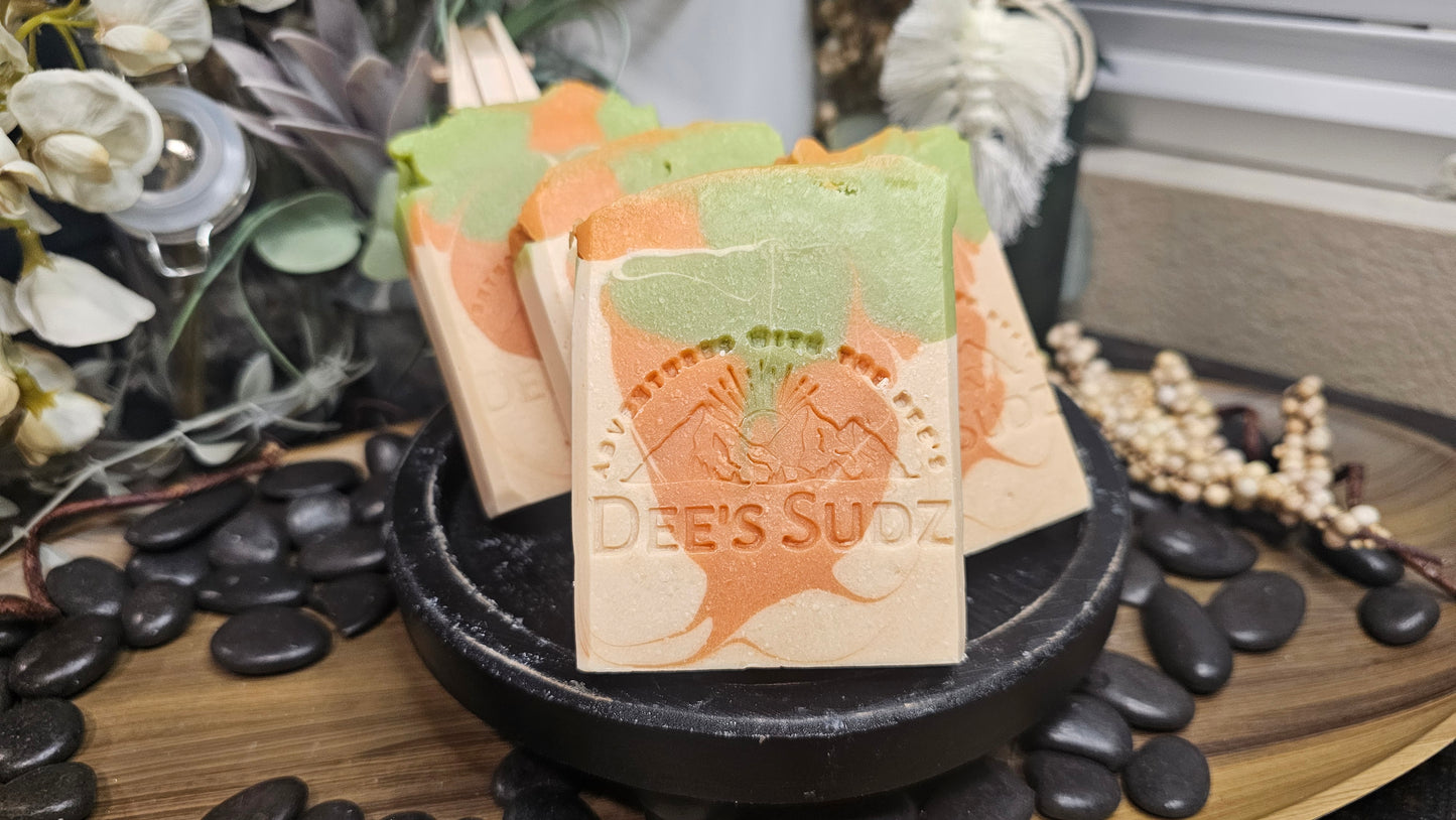 Rectangular handmade soap bars with the Dee’s Sudz logo, featuring a green, tan and peach swirl design, displayed upright on a black stand with black stones on the bottom and a blurred natural background.