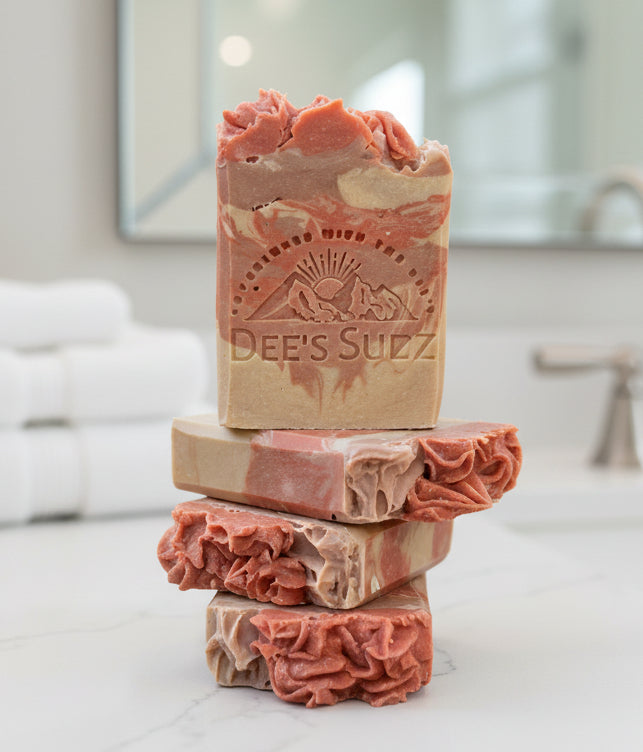 Stacked rectangular handmade soap bars in pink, red, and tan swirls, with textured tops and the Dee’s Sudz mountain logo embossed on the front bar, displayed on a light marble bathroom counter with a softly blurred sink background.