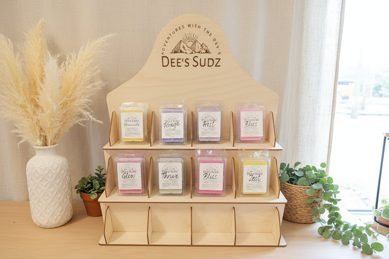 Wooden countertop product display with the Dee’s Sudz logo, featuring neatly arranged wax melt packages in soft pastel colors on tiered shelves, styled in a warm boho setting with natural light, pampas grass, and greenery.