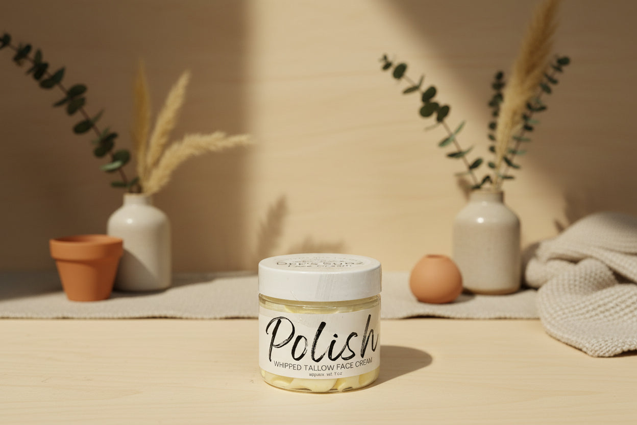 Round plastic clear jar of Polish whipped tallow face cream with Dee’s Sudz branding, featuring a white lid and minimalist label, displayed on a light wood surface in a warm boho setting with pampas grass, eucalyptus, and soft natural light.